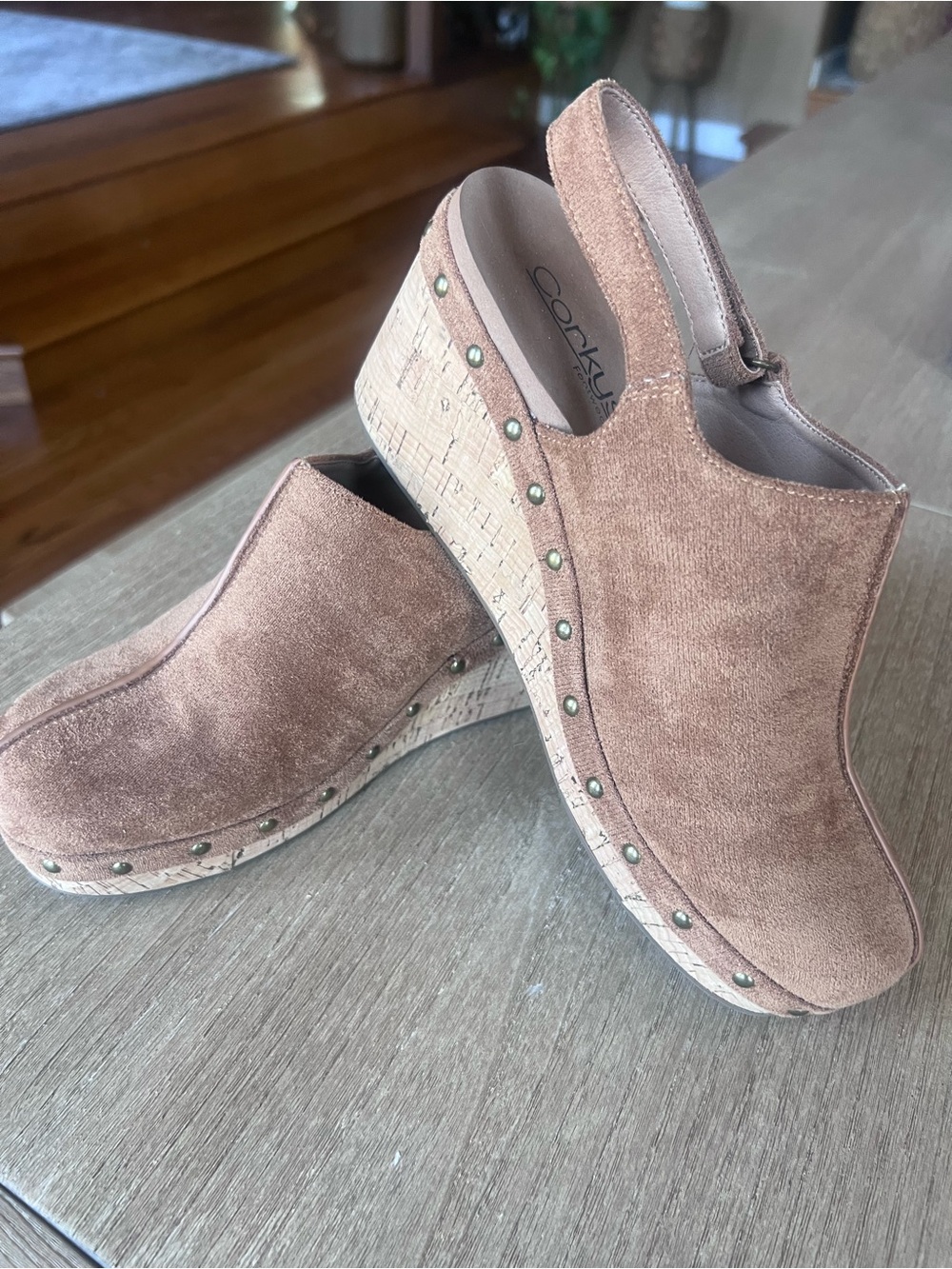Corkys Women's Taupe Suede Platform Clogs with Stud Trim